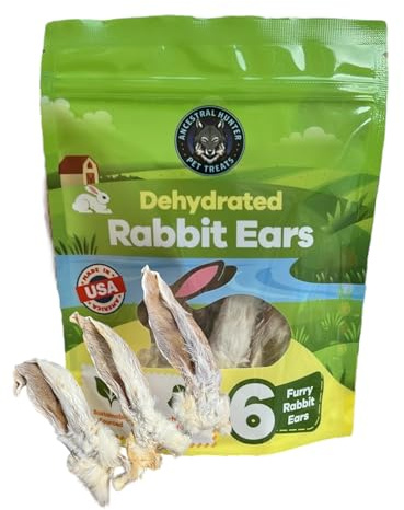 Ancestral Hunter Dehydrated Rabbit Ears for Dogs & Cats - - USA Sourced Whole Ears with Fur for Dogs - Rawhide Alternative - 100% Single Ingredient Crunchy Furry Rabbit Ears (6 Count)