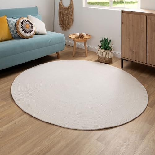 Steffensmeier Handweb Teppich Bali | 100% Baumwolle, Creme, handgefertigt, Größe: Ø 150 cm | Flur, Eingangsbereich, Wohnzimmer