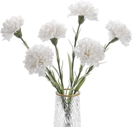 DuHouse Künstliche Nelken, Seidenblumen, Weiß, 6 Stück | Latex Real Touch Kunstblumen, 45 cm lange Stiele, für Hochzeit, Zuhause, Tischdekoration & Vasen.