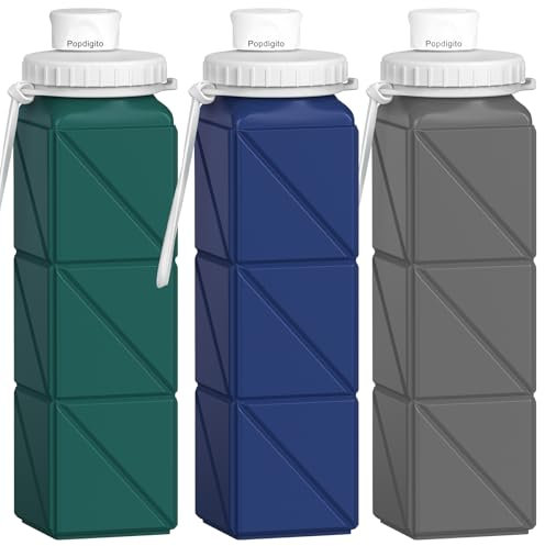 Popdigito 3 pack Collapsible Water Bottles,Silicone Foldable Portable Water Bottle 20.6oz, Lightweight Reusable Leakproof for Travel Hiking Camping Cycling Workouts Yoga Fitness Indoor Outdoor Sports