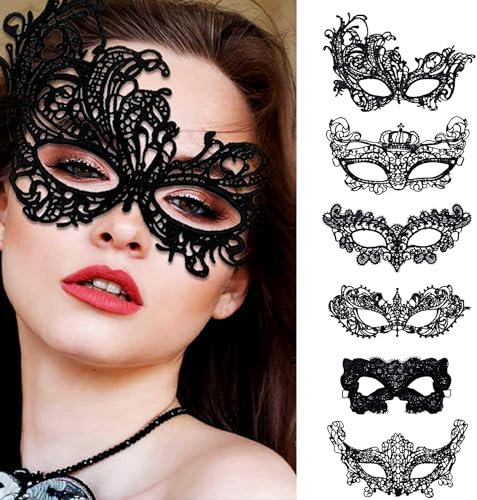 ZXYue Spitze Maske, 6 Stück Venezianische Dame, Katzenmaske Halloween Schwarz Sexy Lace Augenmaske für Maskerade, Karneval, Abendkleid, Tanz Ball Party, Valentinstag