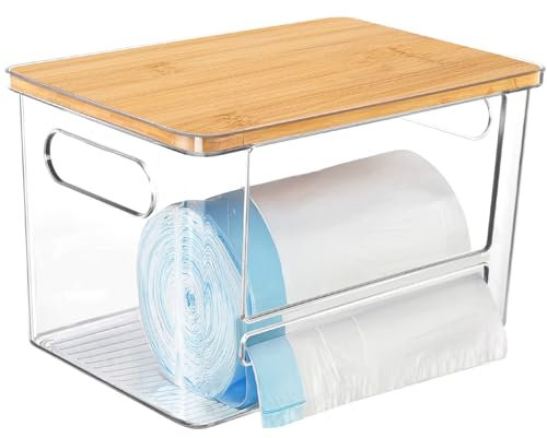 JYPS Trash Bag Dispenser Holder, Extra Large Stackable Garbage Bag Organiser Storage with Bamboo Lid, Acrylic Bin Bag Plastic Bag Storage for Under Sink, Cabinet,Kitchen,Laundry (Bamboo Lid)
