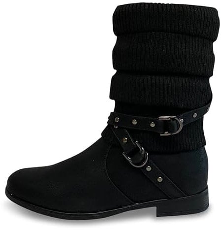 Pogolino Damen Stiefeletten Plateau Strick Boots Biker Herbst Winter Stiefel ST2912, Schwarz 42