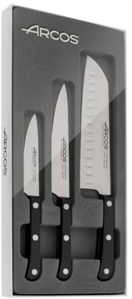 Arcos Serie Europa - Set de Cuchillos de Cocina 3 piezas (Mondador + Cocina + Santoku) - Hoja de Acero Inoxidable NITRUM - Mango de Polioximetileno (POM) - Color Negro