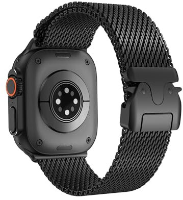 ELETTRONEO BM2 Cinturino per Apple Watch Ultra 2 49mm, Serie 10 46mm, 9 8 7 45mm 41mm, SE 6 5 4 44mm 40mm, 3 2 1 42mm 38mm Originale Maglia Milanese Acciaio Titanio Nero