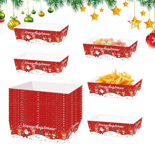 Piatti di carta assemblati natalizi, barche da portata per snack natalizi, piatti da portata portatili in cartone per cibi fritti, patatine fritte, insalate, popcorn