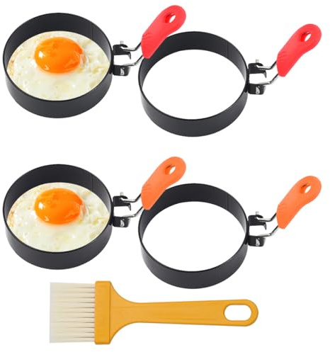 KineticKraft Lot de 4 Anneaux Oeuf Antiadhésifs pour Pancakes et Omelettes | 7.6cm Anti-Brûlure Avec Brosse à Huile et Poignée Pliable - Moule en Acier Inoxydable