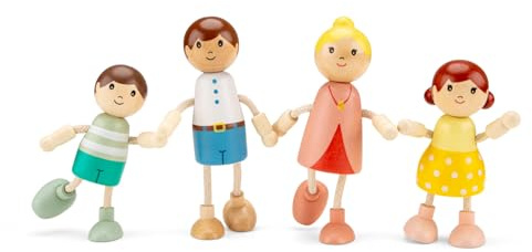 Woet® Wooden Dollhouse Family Set with 4 Poseable Dolls