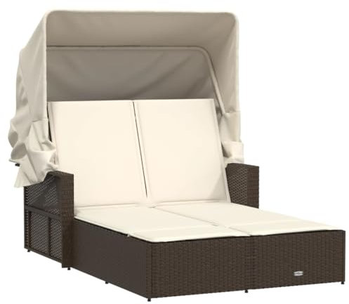 Emmtore Doppel Sonnenliege, Sonnenbett mit ausziehbarem Sonnendach, Doppelliege mit Verstellbarer Rückenlehne, Gartenmöbel Gartenliege,Poly Rattan,Braun