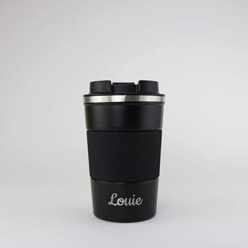 cribstar Personalised Engraved Insulated Travel Mug | Stainless Steel Tumbler | Double-Walled Tea/Coffee Cup | Leak-Proof & Reusable | Keeps Drinks Hot 12h / Cold 24h | Thermal Mug (Black, 380ml)