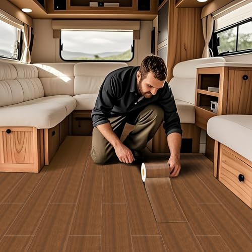 VFGFDJNDFX Revetement De Sol Pvc En Rouleau Pour Camping Cars Caravane, Parquet Adhesif Sol Vinyle Imperméable Antidérapant Aspect Bois (Noyer,30 * 500cm)