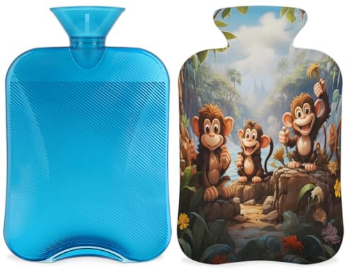 Cute Monkey Hot Water Bottle with Cover, Forest Monkey 2L Hot Water Bag for Pain Relief, Neck and Shoulder, Hand Feet Warmer
