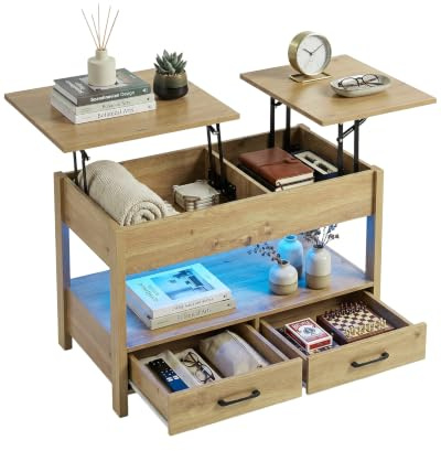 Amveya Multifunktionaler Couchtisch mit Stauraum, Höhenverstellbarer Couchtisch mit Schublade, Wohnzimmer Möbel, Beistelltisch Holz mit Stauraum, Tisch Wohnzimmer Modern