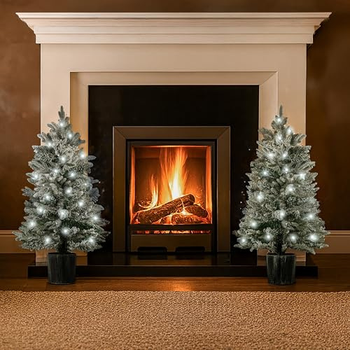 Marco Paul Set Of 2 Pre Lit LED Frosted Mini Christmas Trees - 3ft Artificial Pine Small Christmas Tree With Lights - Battery Operated Christmas Decorations For Indoor Fireplace