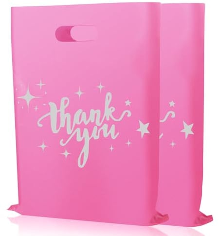 100 Stück Dankeschön Geschenktüten 30 x 40 cm Wiederverwendbare Plastiktaschen mit Griff Thank You Plastiktüte für Geschäfte Boutiquen (Rosa)