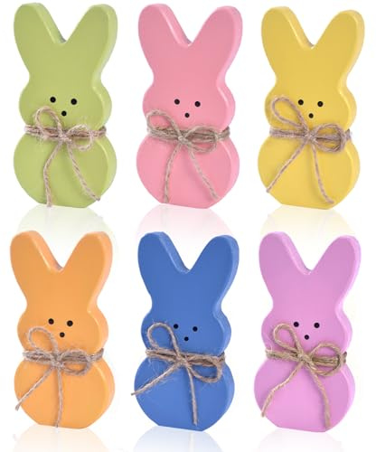IDATOO Wooden Easter Bunny Decor, 6PCs Easter Bunnies for Tiered Tray Decorations with Jute Rope, Colorful Rabbits for Spring Decoration for Table Centerpiece Office Shelf Holiday (6 Colors)
