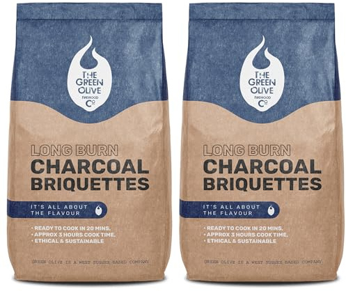 Green Olive Firewood Company - 2 x 4kg Bag - Long Burn BBQ Charcoal Briquettes, Use for Charcoal Barbecues and meat smokers. Natural and Sustainable, Quick Lighting and Long Burn Time