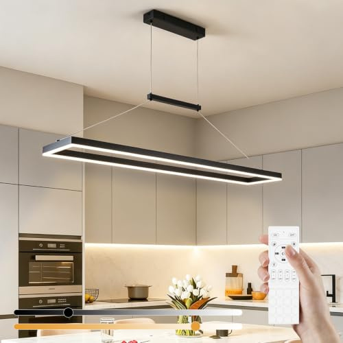 120CM LED Pendant Light Kitchen, 52W Dimmable with Remote Control, Black | 1.5M Height Adjustable, Remote Dimming & Memory, Modern Design Hanging Ceiling Lights for Breakfast Bar Living Room Office