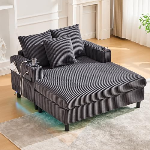 Mobscot Schlafsofa mit Schlaffunktion, Cord Ecksofa, Chaise Sofas & Couches mit Großer Liegefläche, LED-Beleuchtung, Seitentasche, USB-Ladeport, 3 Cushions, Getränkehalter, 142x 128 x 60.5 cm