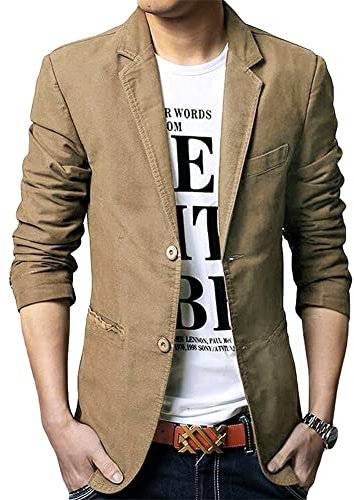 Allthemen Blazer da Uomo Casual Giacca Slim Fit Giacche in Cotone Monopetto a Due Bottoni Blazer Elegante Tinta Unita Cachi M