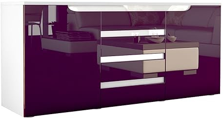 Sideboard Sylt V1, Kommode mit 2 Türen und 4 Schubladen, Korpus - Weiß matt/Front - Brombeer Hochglanz/Absetzung - Weiß Hochglanz (138,5 x 75,5 x 35 cm)