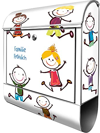 banjado® Design Briefkasten personalisiert Happy Kids 38,5x46,5x13cm & 2 Schlüssel - Briefkasten Stahl Silber Zeitungsfach pulverbeschichtet - Postkasten A4 Einwurf inkl. Montagematerial
