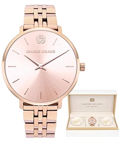 L'AMORE MILANO Montre Femme - Coffret Cadeau avec des Roses - Montre-Bracelet de Haute qualité étanche 5 ATM - Idee Cadeau élégant pour Femme, Amie, mère - Montre 36mm Acier Inoxydable Rose