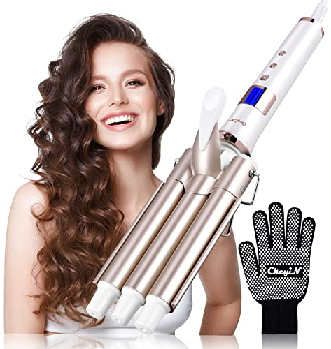CkeyiN 3 Barrel Hair Waver, Curling Iron with LCD 16 Temperature Control Displays, Professional Ceramic Tourmaline Curling Wand, 22mm Hair Crimpers with 1 Heat Resistant Glove for All Hair Types