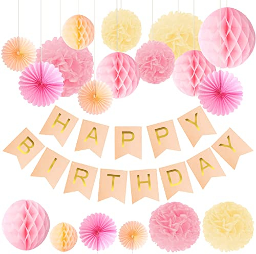 Bubuyun Seidenpapier Pompoms 20 Stück Papier Fans Fächer und Wabenbälle Dekorpapier Kit Flower Bunt Ball Pompoms Birthday Banner Geburtstag Party Garten Wiederverwendbar Deko ( Rosa Beige Aprikose)