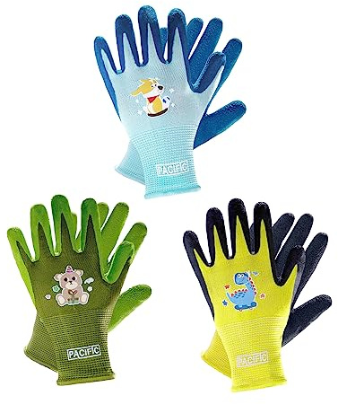 PACIFIC 3 Paia Guanti da Giardinaggio per Bambini 5-9 Anni, Guanti da Giardino in Lattice Naturale, Guanti da Lavoro Antiscivolo, per Esterni, Pittura & Fai da Te, Ragazzi & Ragazze, Multicolore, XXS
