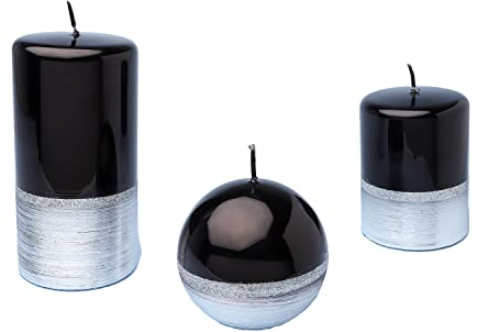 G Decor Stumpenkerzen, zweifarbig, Glitzer-Glas-Effekt, reflektierend, glänzend, Schwarz, 3 Stück