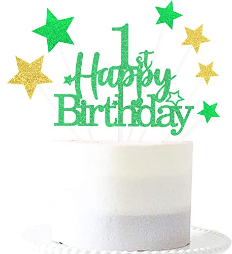 Glittery 1st Happy Birthday Cake Topper with Star,Personalised 1 Birthday Cake Toppers Party Decorations Party Supplies for Baby Boys Girls Green Gold