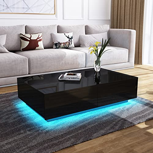 Coffee Table, Centre Table Tea Table for Living Room, Black Gloss Coffee Table with LED Lights, Rectangle Side End Table with 4 Drawers for Home Office Furniture