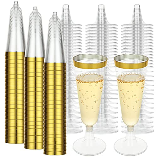 FVIEXE 100 Pack Plastic Champagne Flutes, 5 Oz Disposable Champagne Glasses Gold Rim Wine Champagne Flute Glasses, Clear Plastic Toasting Glass Mimosa Cocktail Cups for Bar Parties Wedding (160ml)