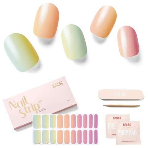 NAILOG Semi Cured Gel Nail Strips Glossy & Long Lasting Soft Gel Finish (20 Extra Long Stickers) | Wraps,Dazzling Rainbow