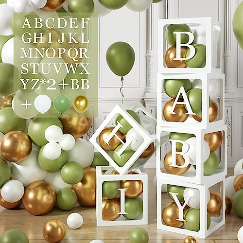 105 Babyparty Box Deko,Salbei Grüne Baby Shower Deko Box,6 Luftballon Box mit 54 Buchstaben(BABY+A-Z) und Luftballon Salbeigrüne Gold Weiss für Babyparty,Babyshower,Geburtstags,Dschungel Safari Party