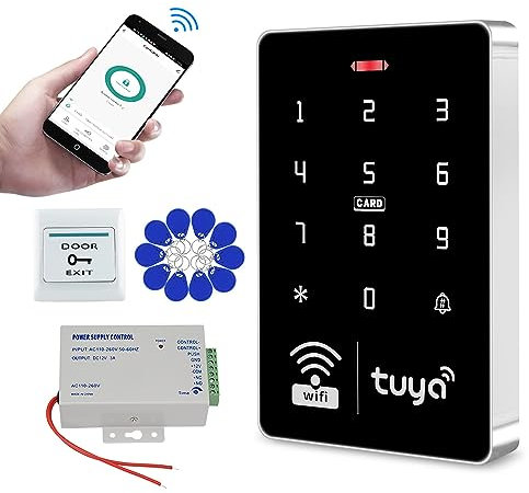 QTTYELOK Kit de Sistema de Control de Acceso WiFi Smart Tuya App Teclado RFID IP68 Impermeable 125KHz 13.56MHz + Fuente de Alimentación + Llavero 10pcs (Sin Cerradura)