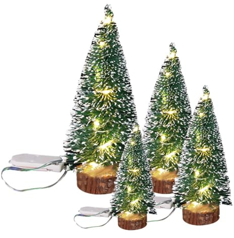 Bullpiano Lot de 4 petits sapins de Noël miniatures avec lumières de 15 à 30 cm avec neige et bases en bois, mini sapins de Noël éclairés, en sisal de table, décoration de Noël (LED-B)