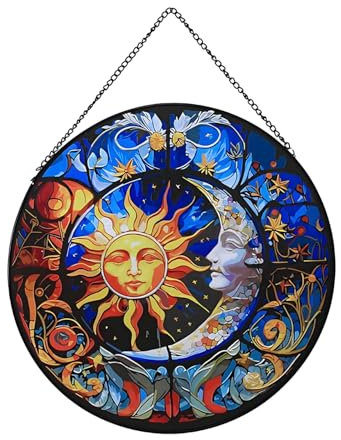 Payutou Hängende Buntglas für Fenster, 20 cm, Sonne und Mond, handbemalte Glasscheibe, Fenster, hängende Sonnenfänger, Weihnachtsschmuck, Heim-, Innenhof-Dekoration, Einweihungsgeschenk