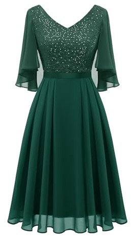 Dressystar Damen Glitzer Kleid Elegant Hochzeit Cocktailkleid mit Pailletten Chiffon Ärmel Festlich Abendkleid Knielang Dunkelgrün M