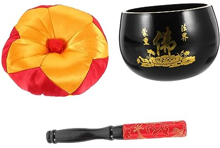 Schwarze Klangschale 3, 5 Zoll 1 Satz Meditationszubehör aus Kupfer | Percussion Stäbe und Matte, Schlichtes Design, Leicht, als Spirituelles Geschenk für Urlaub