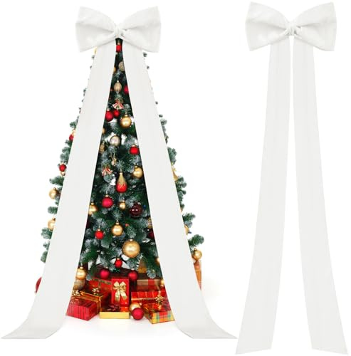 Knitgrip Lazo extragrande para árbol de Navidad de 118 x 28 pulgadas, decoración de lazo gigante de satén con serpentinas largas, decoración de gran tamaño para árbol de Navidad, vacaciones, fiesta