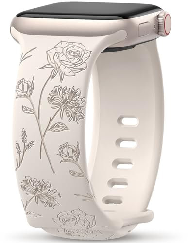 Yoohoo Floral Engraved Straps Compatible with Apple Watch Straps 38mm 40mm 41mm 42mm(Series 10) for Women,Cute Flower iWatch Bands Soft Silicone Sport Strap for iWatch Series SE 10 9 8 7 6 5 4 3 2 1