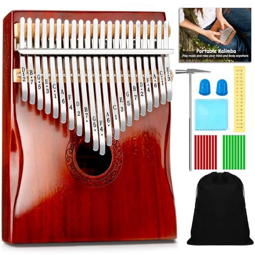 Kalimba Daumenklavier, YUNDIE tragbares Mbira-Fingerklavier mit 21 Tasten, Stimmhammer und Lernanleitung, Musikinstrumente, Geschenk für Erwachsene, Anfänger, Profis (Braunrot) (21 Tasten)