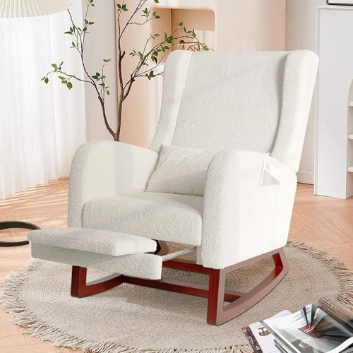 jeerbly Schaukelstuhl, Gepolsterter Stillsessel mit verstellbare Fußstütze, Lendenkissen, Rückenlehne & Armlehne, Schwingsessel Relaxstuhl für Wohnzimmer Schlafzimmer, (Weiß-Teddystoff)