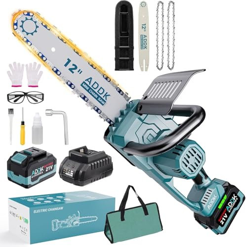 Akku Kettensäge 12 Zoll, 6000mAh Elektro Kettensäge 2 Ketten, Automatische Kettenschmierung, Werkzeuglose Kettenspannung, 30cm Schwertlänge, Ideal für Brennholz & Baum