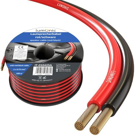 Lumonic Lautsprecherkabel | 100m Rot Schwarz | 2x 0,75mm² CCA | HiFi Boxenkabel | Audio Zwillingsleitung
