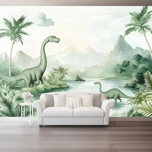 Photo Murale 250 x 175 cm, Aquarelle Vintage Dinosaure, Décoration Intissée pour Entrée et Couloir, Vert Pâle