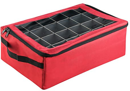 TINY TIM TOTES Ornament Storage Box - Zippered Lid Organizer with 48 Individual Compartments and Dividers for Christmas Bulbs and Decorations (Red)