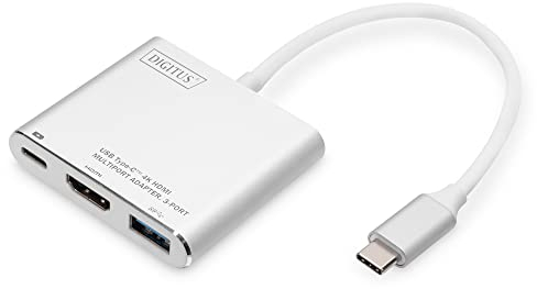 DIGITUS USB Typ-C Multiport Grafik Adapter, USB Type-C zu HDMI + USB A 3.0 + USB C, Ladefunktion, 4K Ultra HD 30Hz, Aluminium, 51x58x11mm